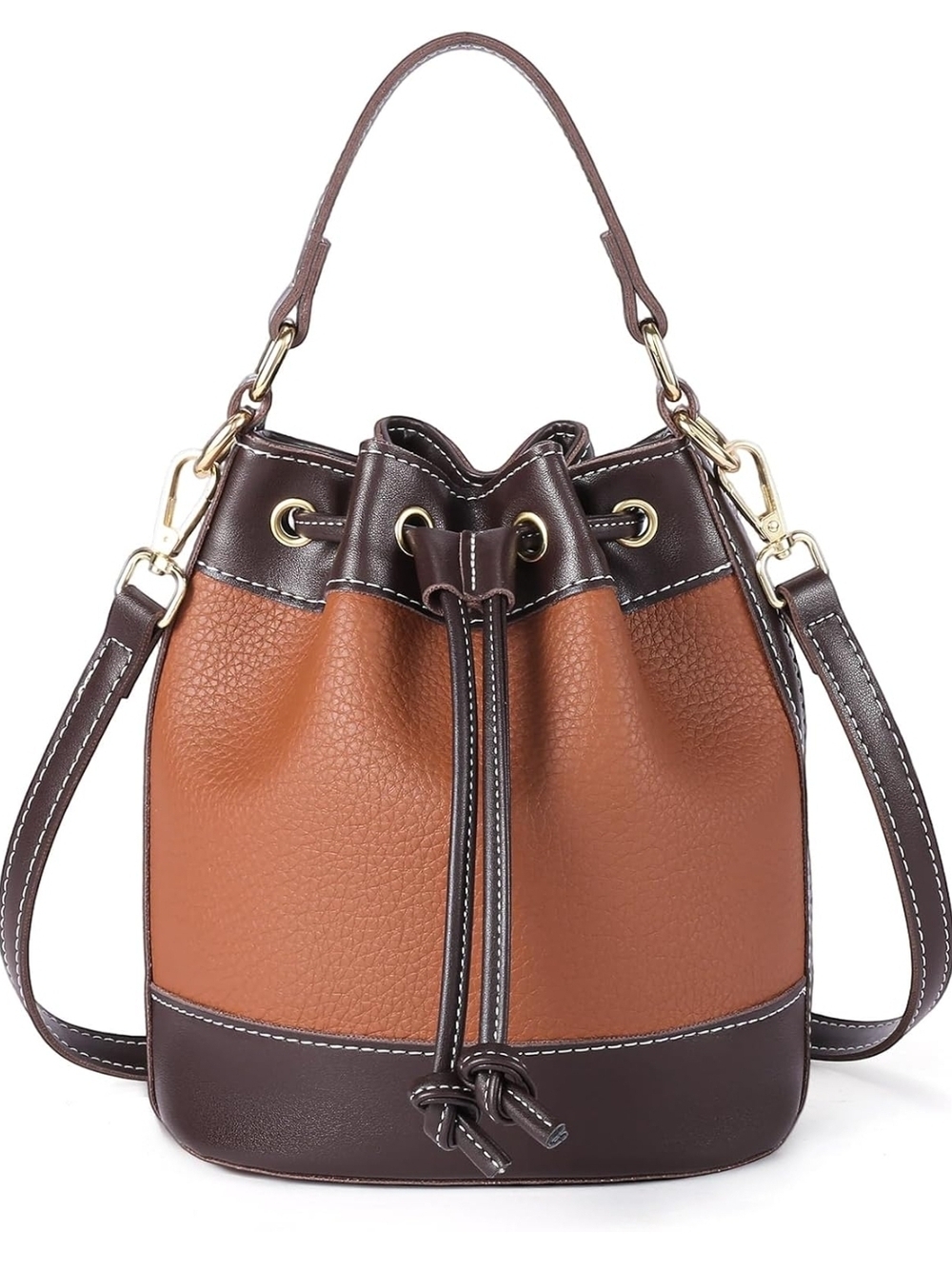 Two-Tone Brown Bucket Vegan Leather  Bag - Women Bags